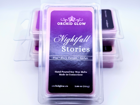 Orchid Glow wax melts packaging with 'Nightfall Stories' label on a white background